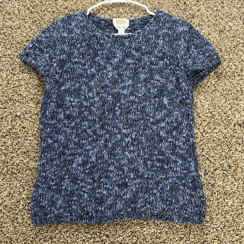 Vintage Talbots Made in Italy Blue Short Sleeve‎ Sweater Top Size L Cotton Nylon